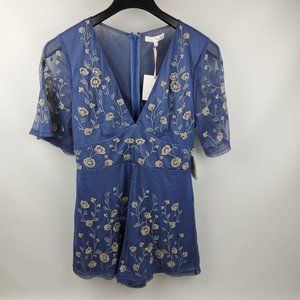 Honey Belle Short Sleeve Lace Lined V-Neck Romper Women's Large Blue Floral